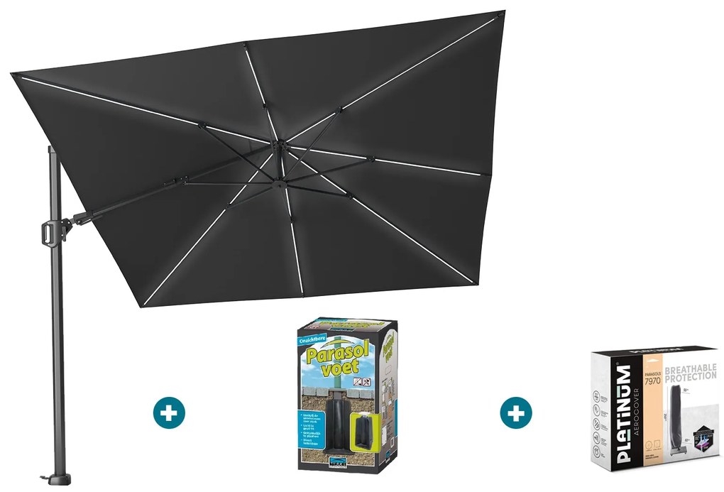 Platinum Challenger Zweefparasol T2 Premium Glow 3x3 m. - Faded Black met ingraafvoet en hoes