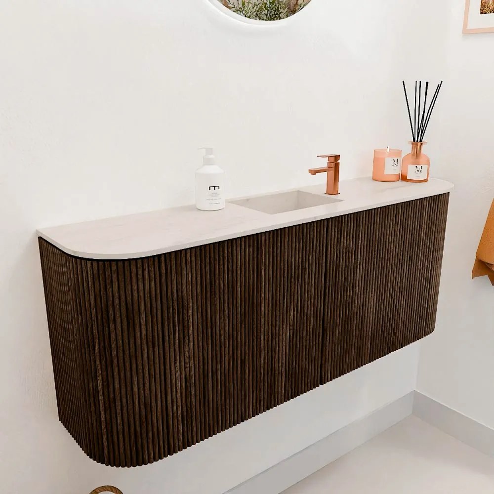 Mondiaz Joya DLux 105cm toiletmeubel ronding links/rechts walnut met wastafel faye midden 1 kraangat meli