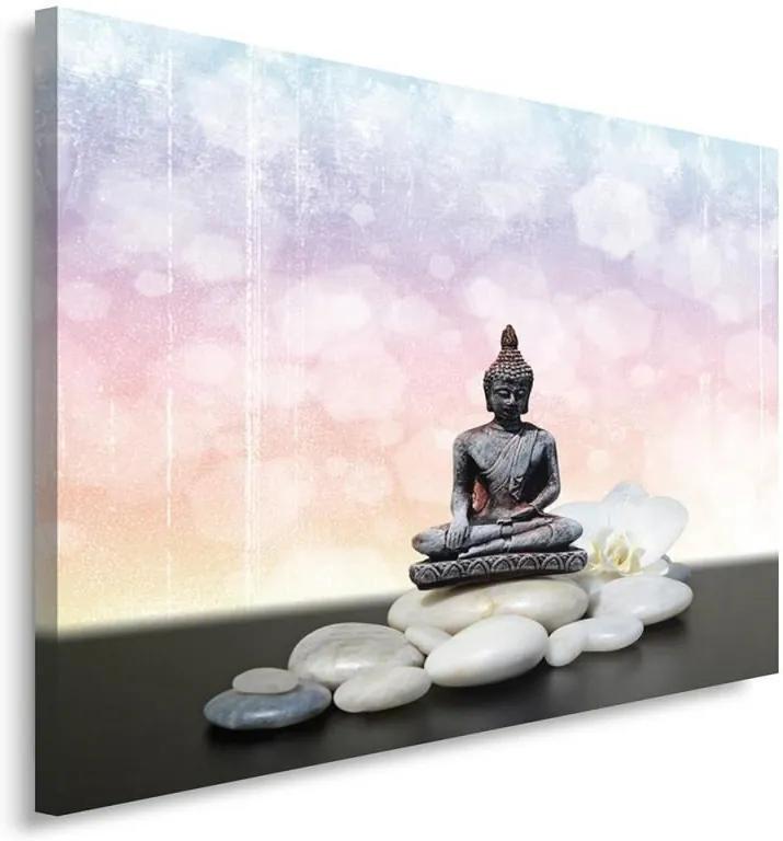 Schilderij - Zilveren Boeddha beeldje op Zen stenen