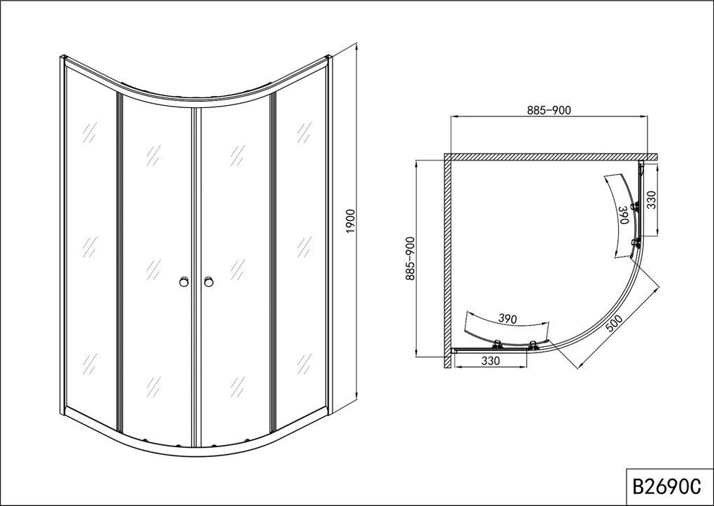 Badstuber Aura douchecabine kwartrond 90x90x190cm chroom