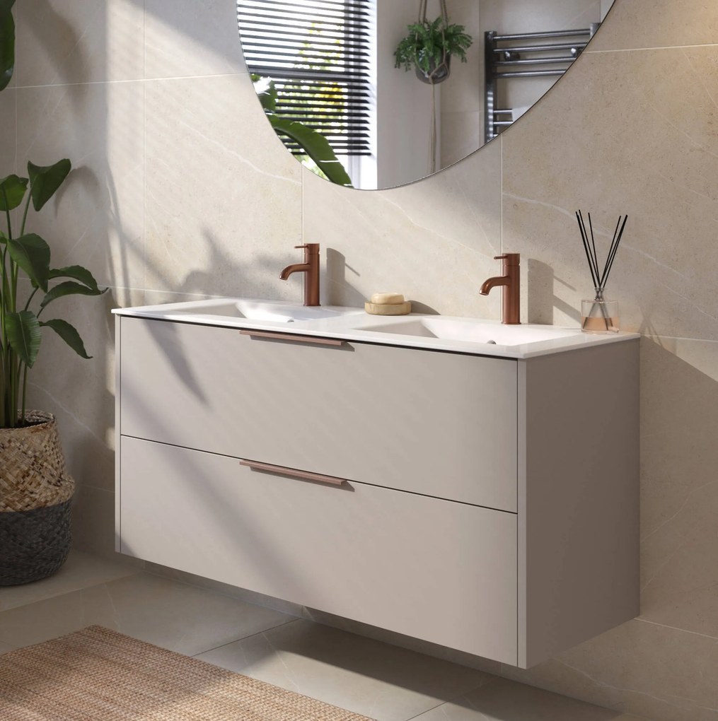 Saqu Lima badmeubel incl. dubbele glans witte keramische wastafel 120x51x61cm mat greige – koperen greep