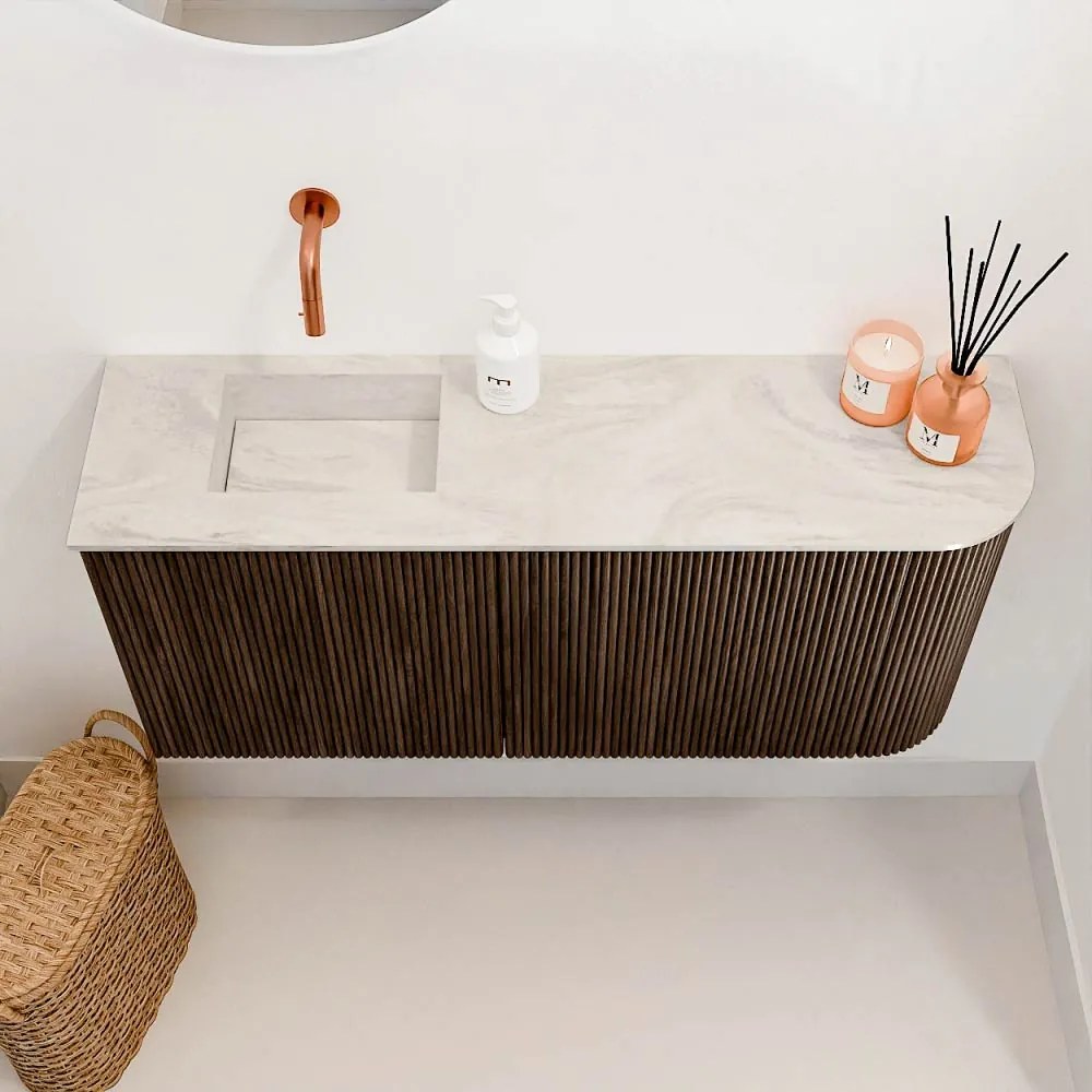 Mondiaz Joya DLux 90cm toiletmeubel ronding rechts walnut met wastafel faye links zonder kraangat ostra