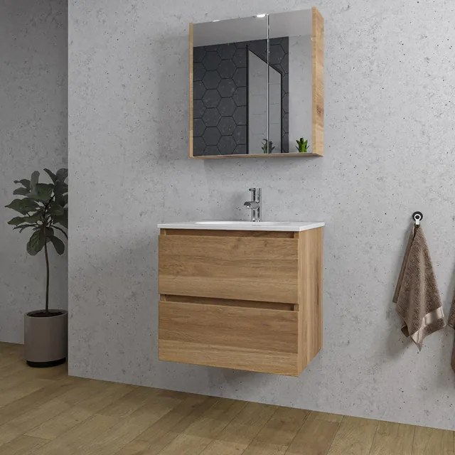 Adema Chaci Badkamermeubelset - 60x46x57cm - 1 ovale keramische wasbak wit - 1 kraangat - 2 lades - Spiegelkast - eiken SW718700/SW718716/SW812066/SW812072