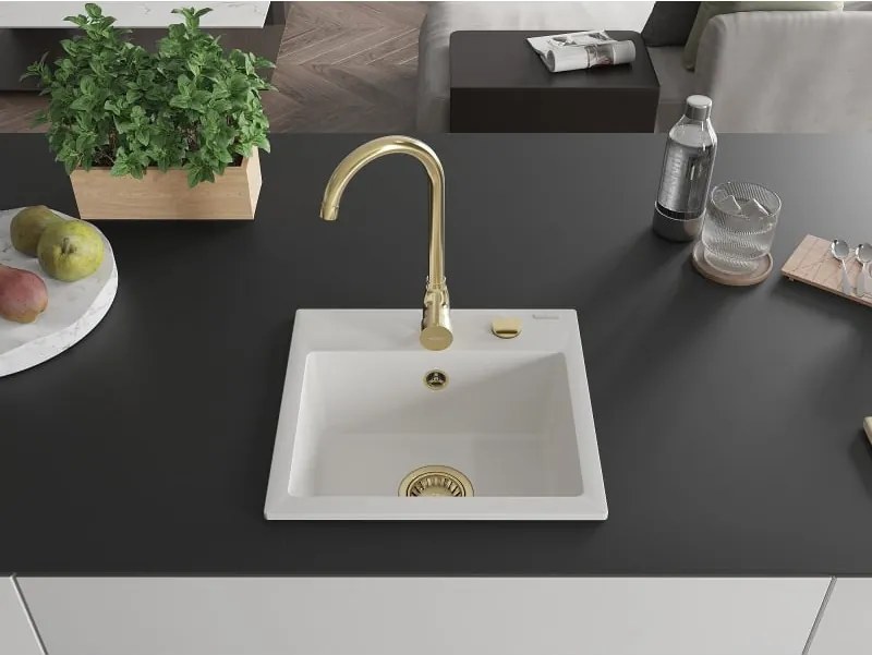 Mexen Milo granit gootsteen 1-komors 435 x 410 mm, wit, gouden sifon - 6505441000-20-G