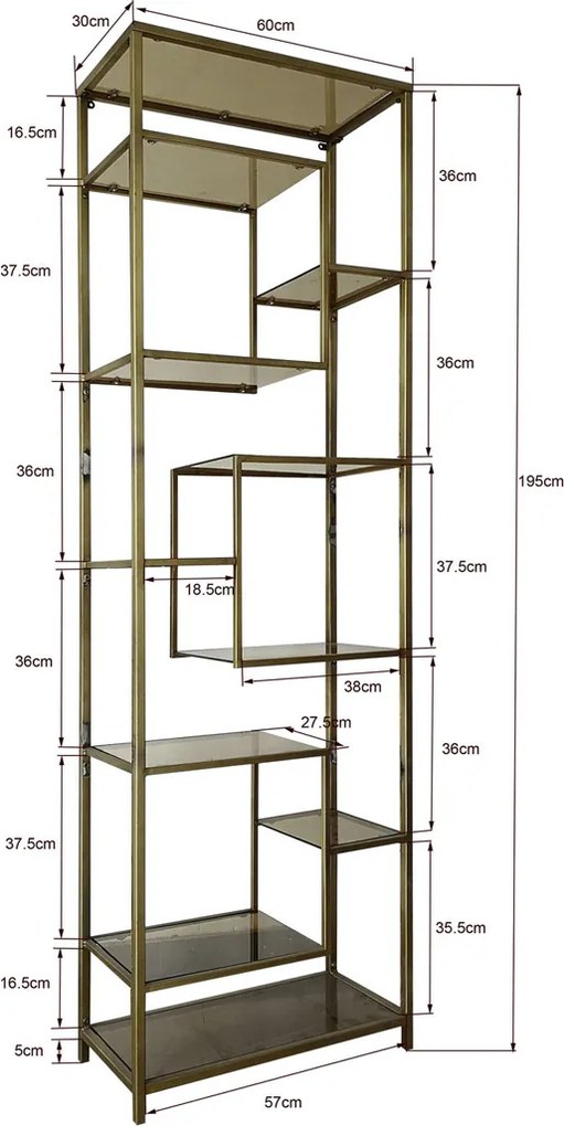 Smal Hoog Wandrek Staal Met Glas Goud - 60x30x195cm.