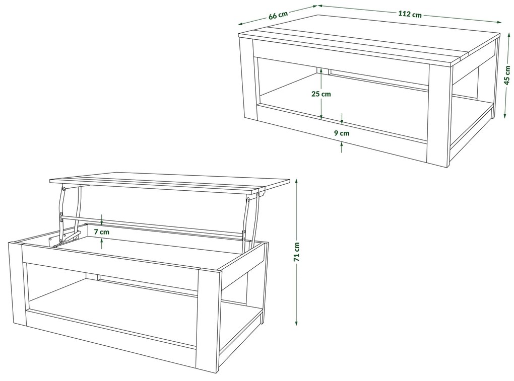 LUSSO Bruin Eiken/Zwart Mat - MODERNE SALONTAFEL MET VERHOOGD BLAD + OPBERGRUIMTE + SCHAP (OP WIELEN!)