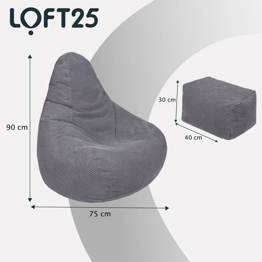 Highback Zitzak Stoel incl. Poef Corduroy Stof - Charcoal