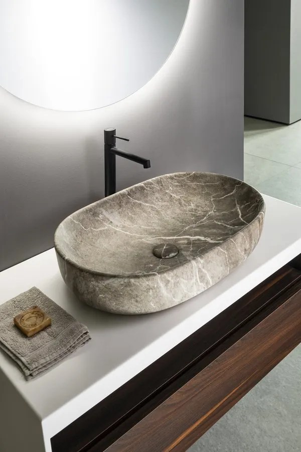 Sapho Rondane keramische waskom 60x42cm bruin marmer