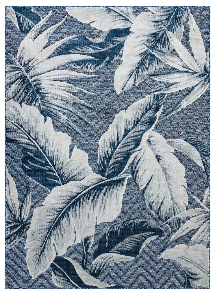 Tapijt Structural BOTANIC 65242 Veren, zigzag, plat geweven op het balkon, terras - donkerblauw