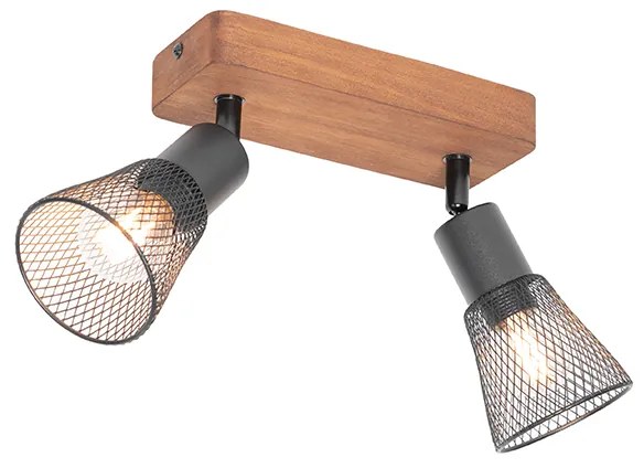 Industriële spot zwart met hout 2-lichts - Kristina