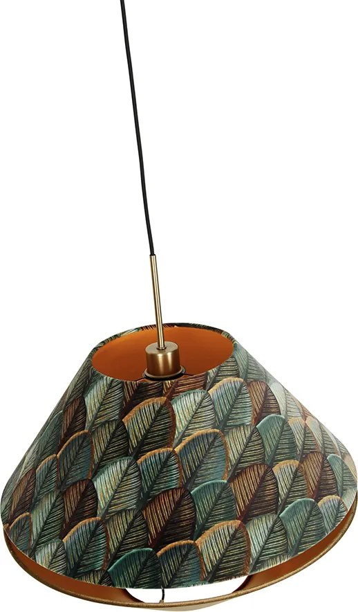 Moderne hanglamp brons met dubbele velours kap blad dessin en beige - Combi 1