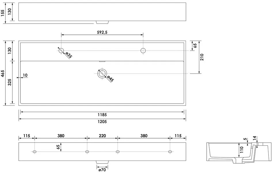 Brauer Lunar wastafel keramiek 120cm met 2 kraangaten zwart mat