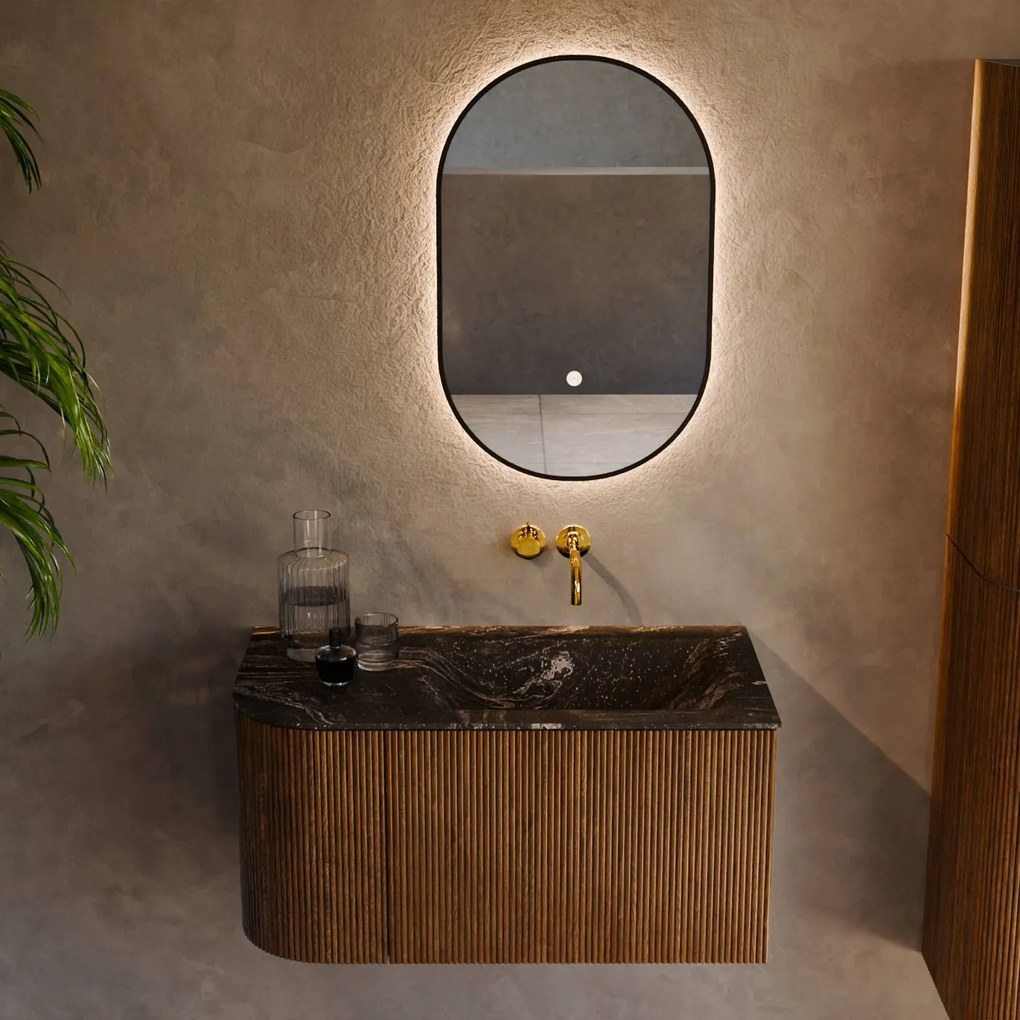 Mondiaz Kurve-dlux 85cm badmeubel ronding links dusk met 1 lade en deur en wastafel cloud rechts zonder kraangat lava