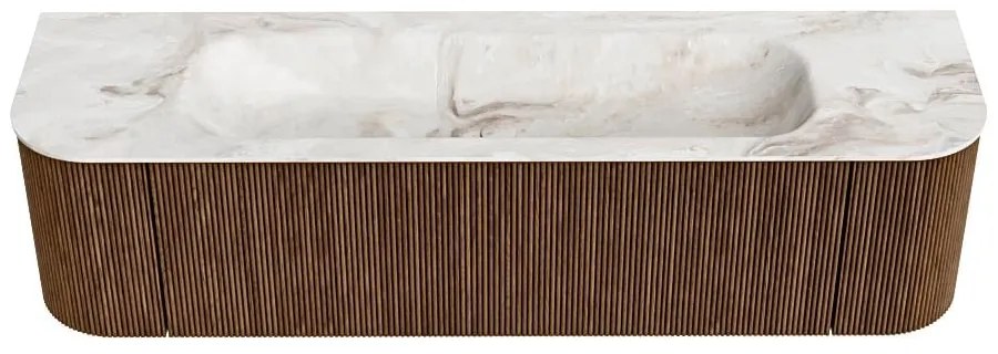 Mondiaz Kurve-dlux 170cm badmeubel ronding links/rechts walnut met 1 lade en 2 deuren en wastafel big large midden 2 kraangaten frappe