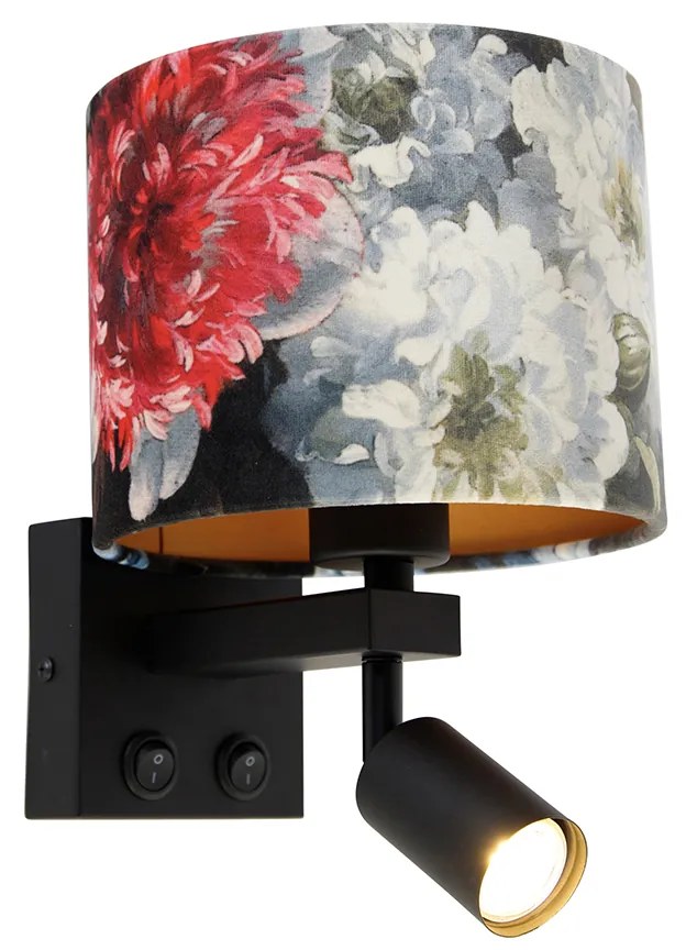 Wandlamp zwart met leeslamp en kap 18 cm bloemen - Brescia