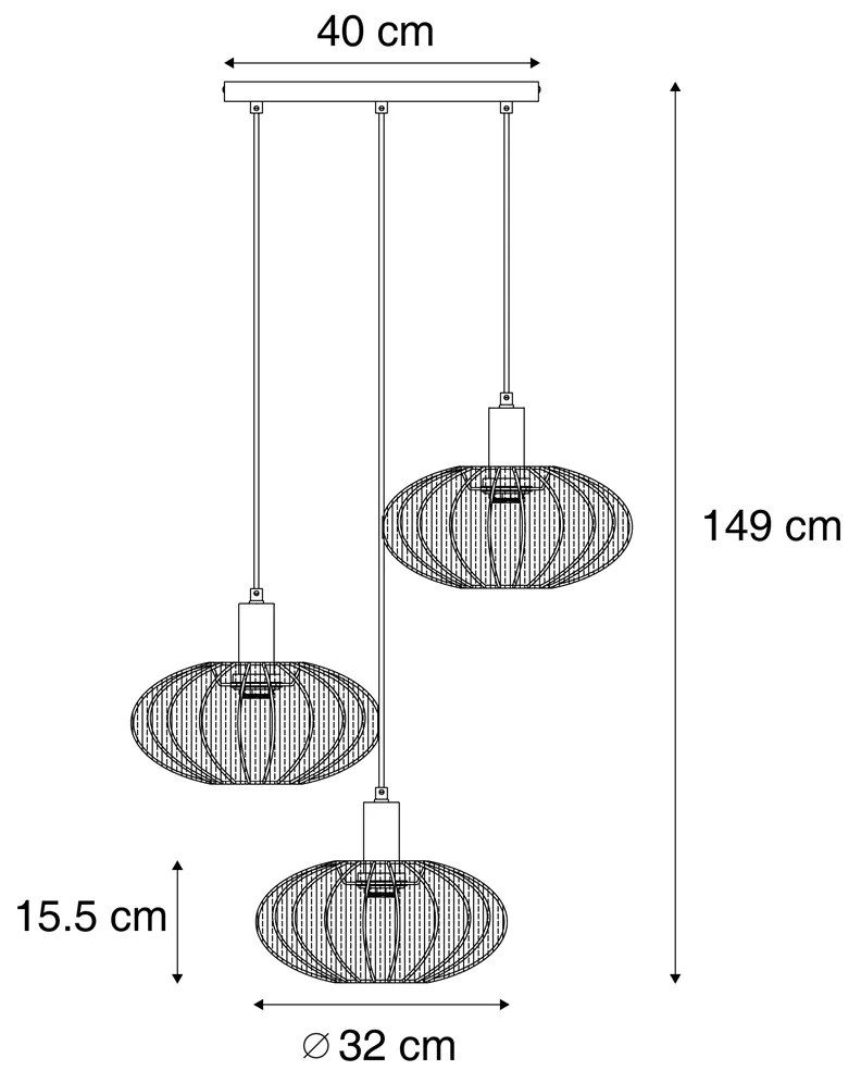 Japandi hanglamp zwart met bruine stoffen kap 3-lichts - BidaJapandi E27 Scandinavisch rond Binnenverlichting Lamp