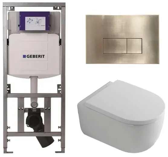 QeramiQ Dely Swirl Toiletset - 36.3x51.7cm - diepspoel - rimless - Geberit UP320 Burda inbouwreservoir - 35mm zitting - geborsteld messing bedieningsplaat - rechtehoekige knoppen - wit mat 0701131/SW706201/SW1000767/SW1026257