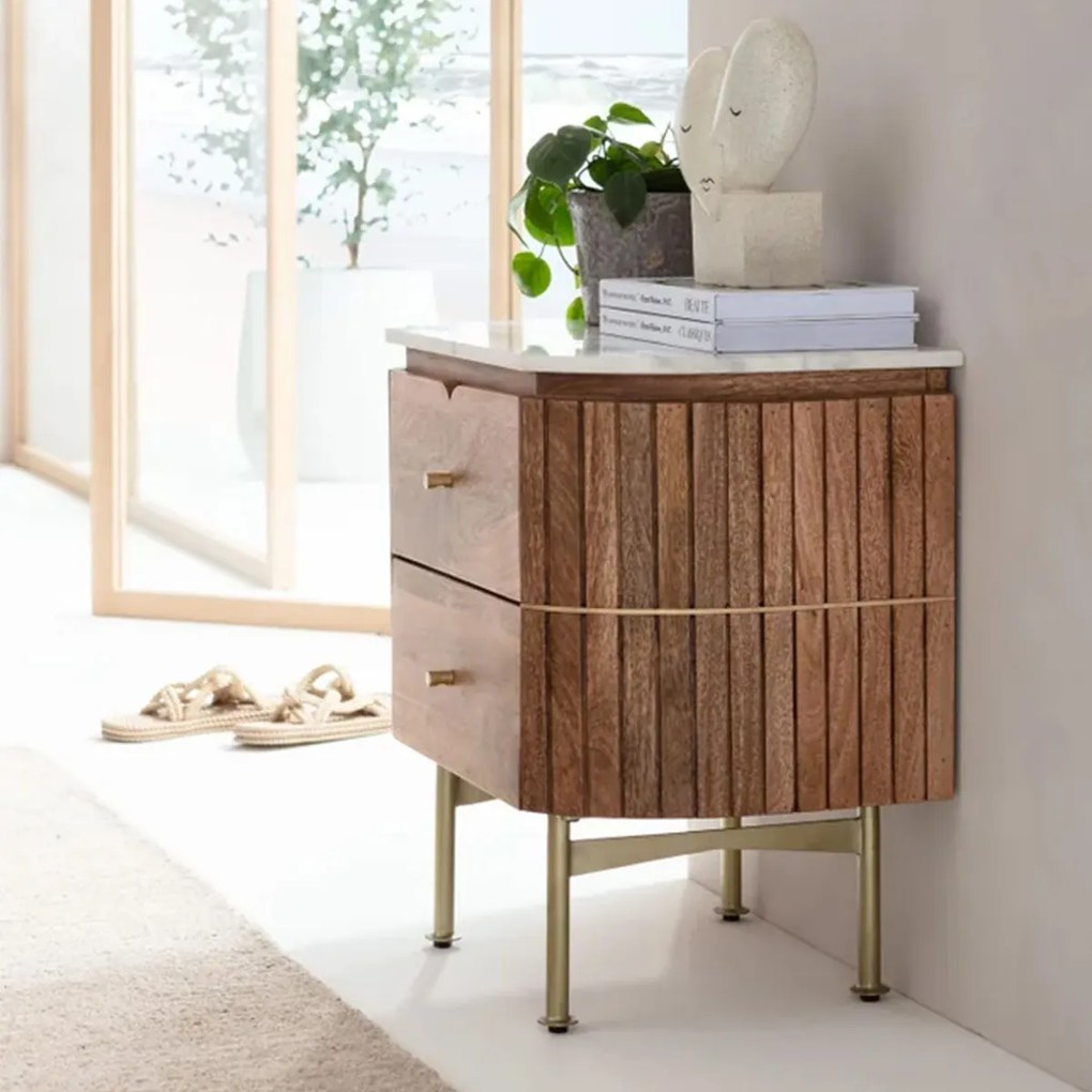 Kare Design Grace Nachtkastje Mangohout En Marmer - 50x35x55cm.