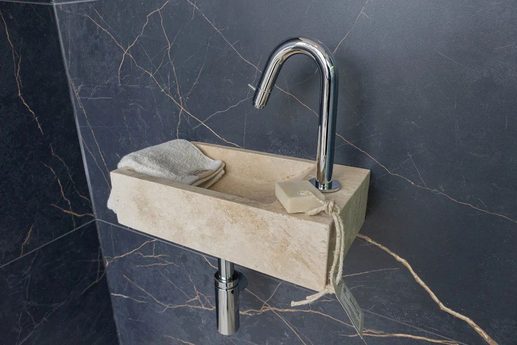 Saniclear White Travertin fonteinset met gebogen kraan in chroom