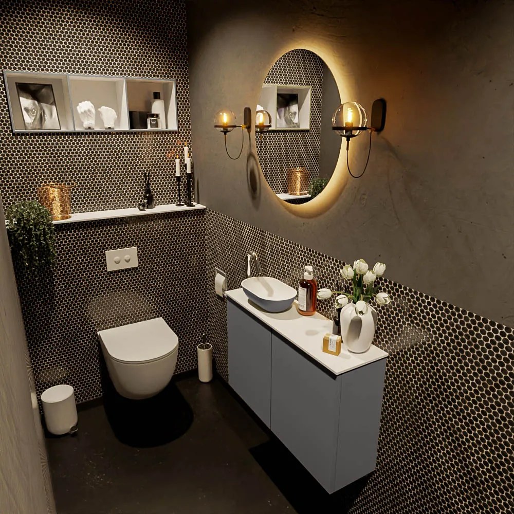 Mondiaz Fowy toiletmeubel 80cm dark grey met antraciete waskom links en kraangat