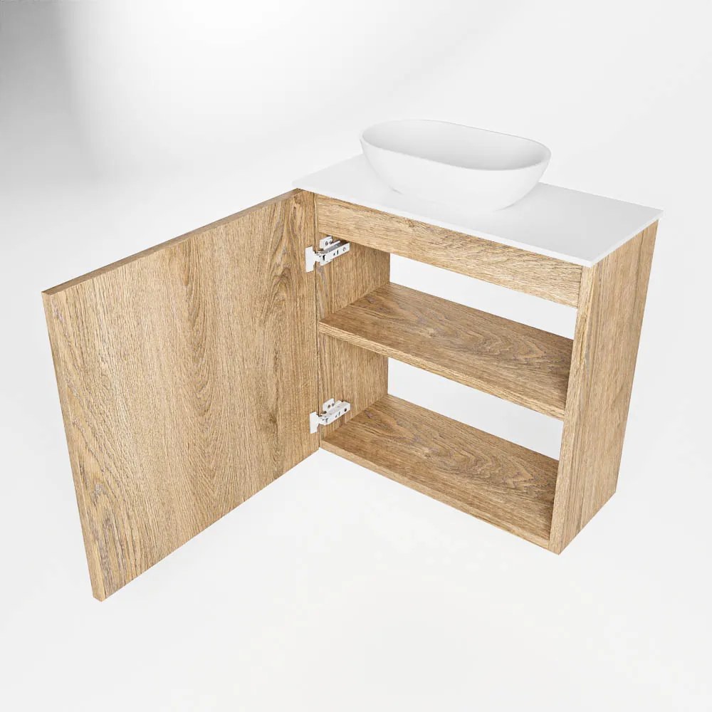 Mondiaz Fowy toiletmeubel 50cm washed oak met witte waskom links en kraangat