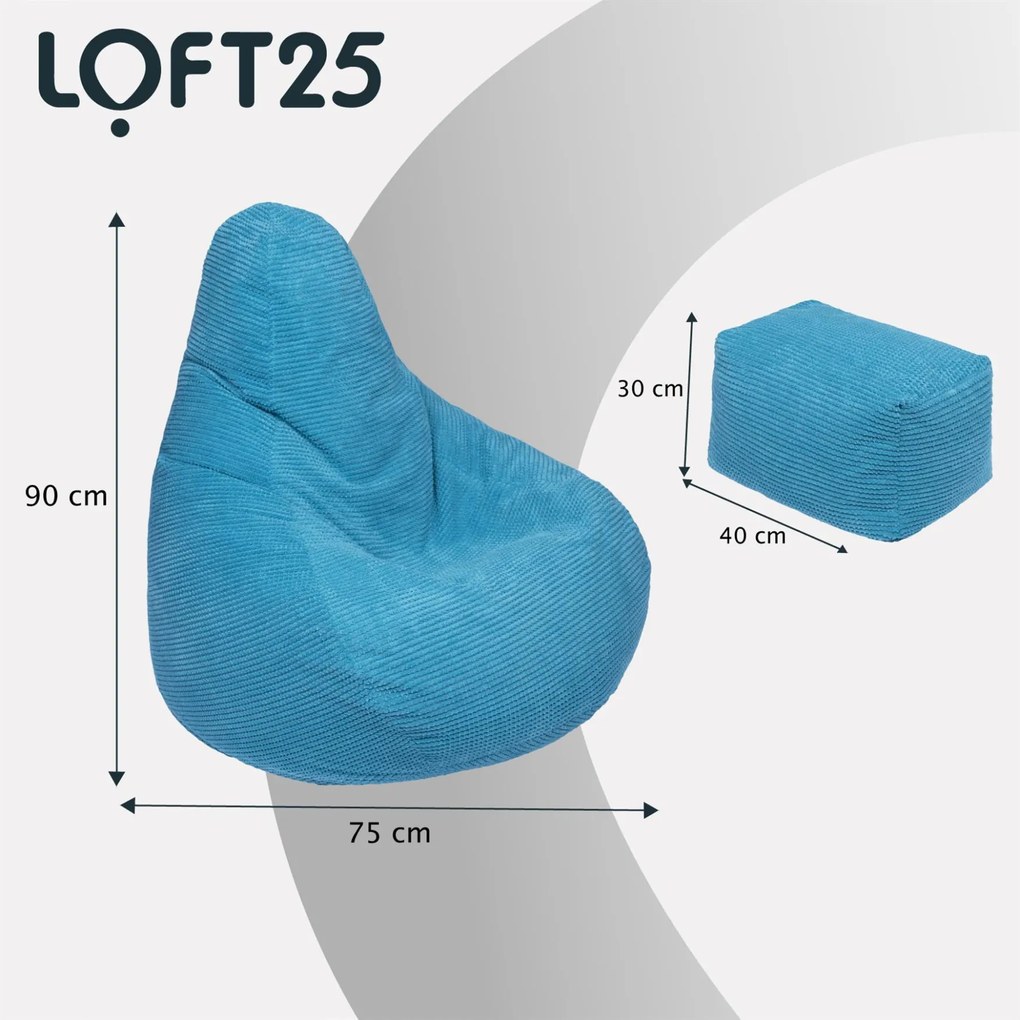 Highback Zitzak Stoel incl. Poef Corduroy Stof - Teal