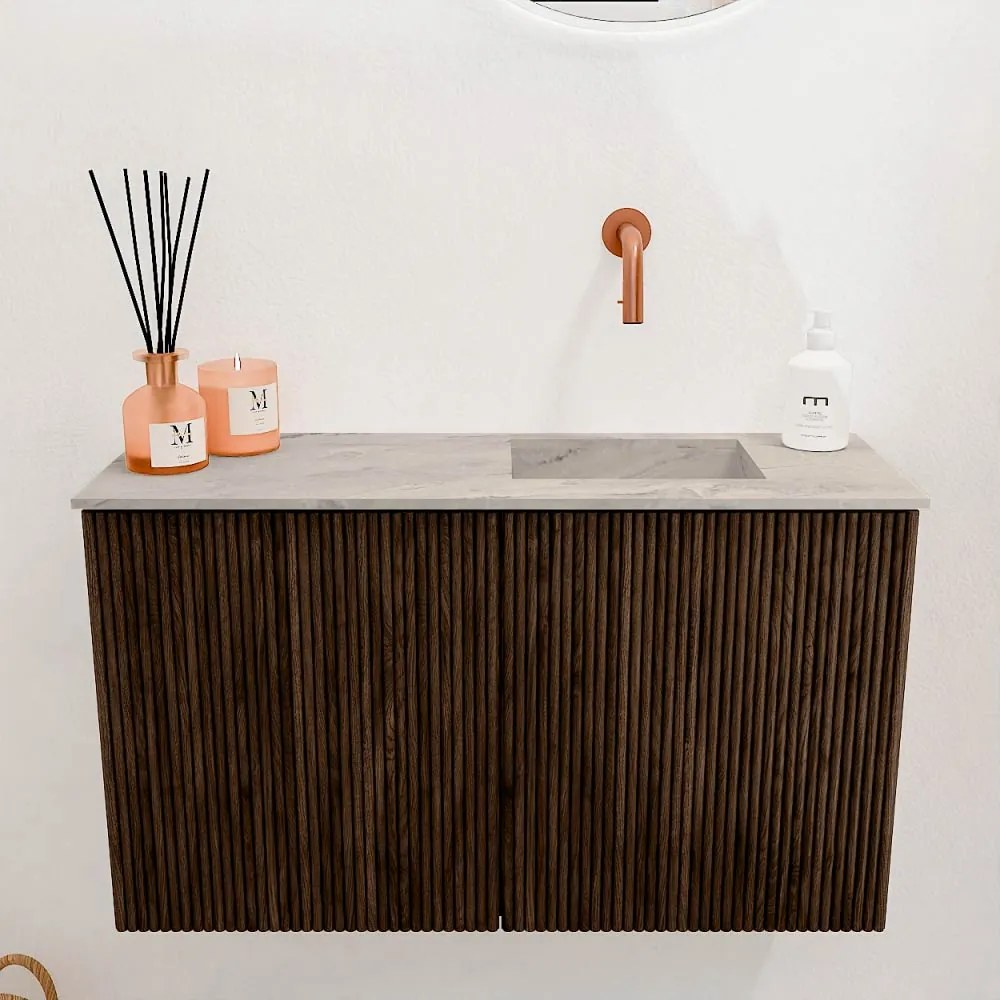 Mondiaz Joya DLux 70cm toiletmeubel walnut met wastafel faye rechts zonder kraangat glace