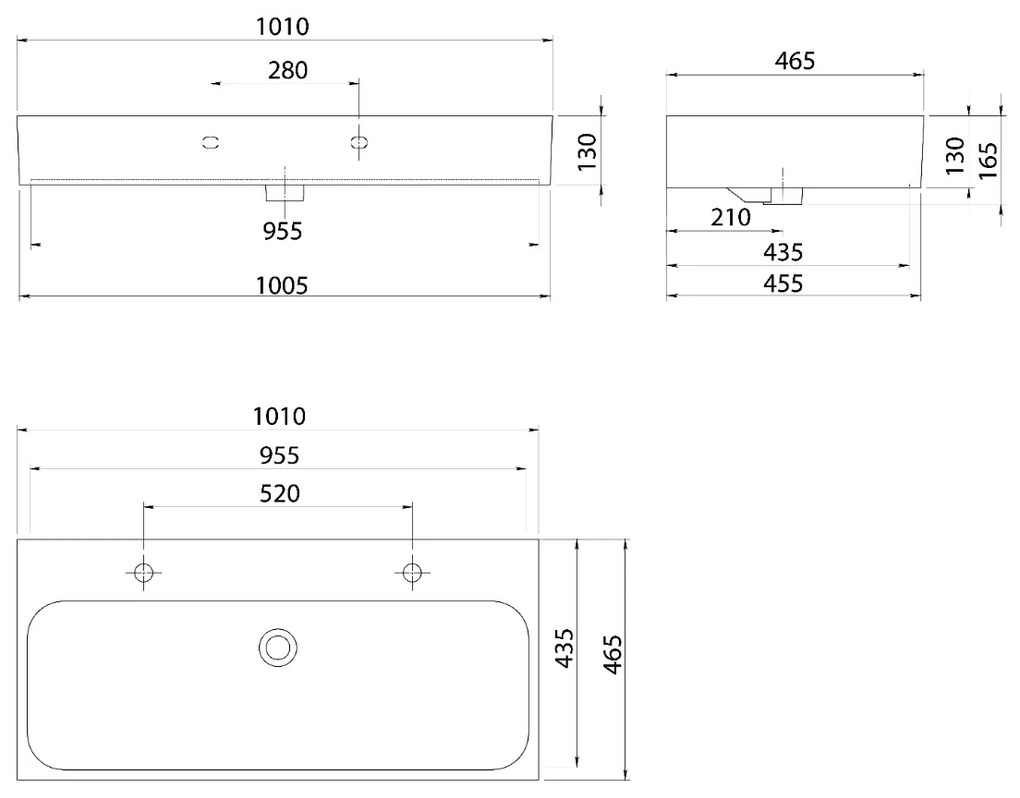 Sapho Toridi keramische wastafel 101x46,5cm met 2 kraangaten wit