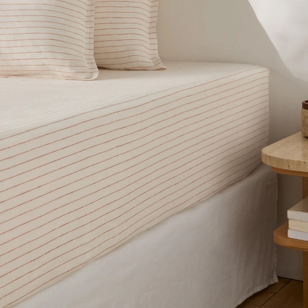 Hoeslaken in gewassen linnen, gestreept, omslag 35 cm, Linot