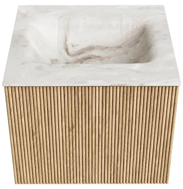 Mondiaz Kurve-dlux 50cm badmeubel oak met 1 lade en wastafel grunne midden zonder kraangat frappe