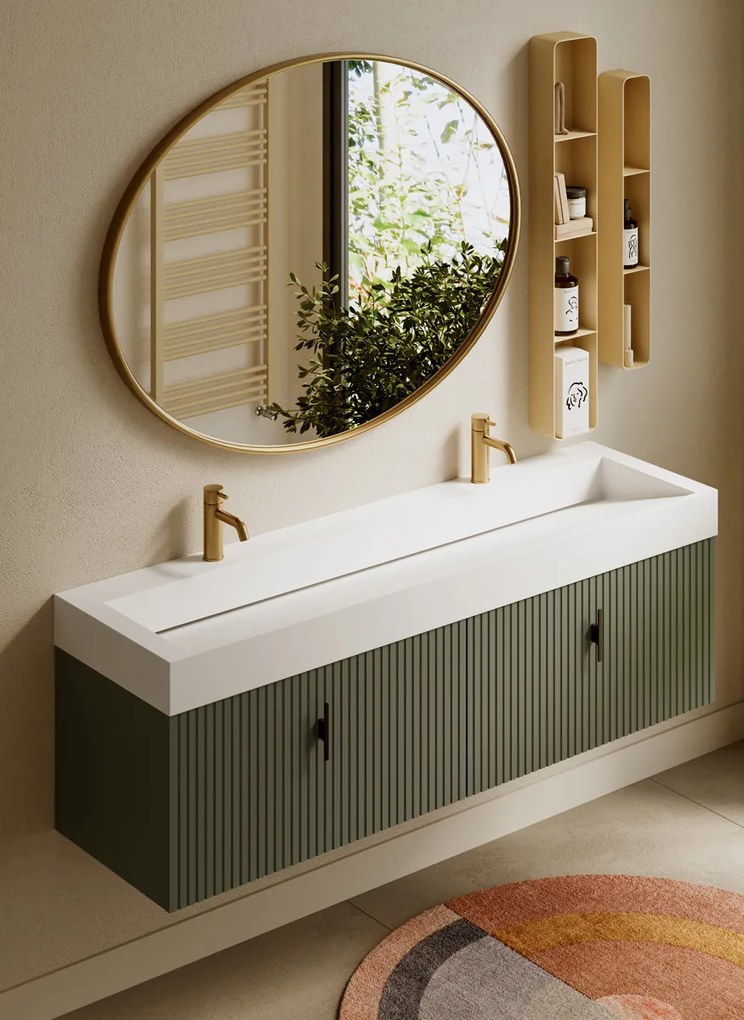 Muebles Calas badmeubel ribbelfront 160cm legergroen met solid surface wastafel met kraangaten