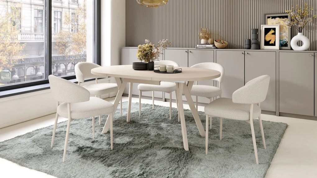 IRIS Beige (stof Basel 24) / beige onderstel – MODERNE GESTOFFEERDE STOEL VOOR WOONKAMER / EETKAMER IN BOHO-STIJL