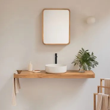 Conjunto Van Meubel 130x45 Cm Hangend In Teakhout Neill Teakhout & Rond Keramiek Wit Ø40 Cm Lenka & Mat Zwart ↑30 Cm Met Aftapkraan Zonder Overloop Al