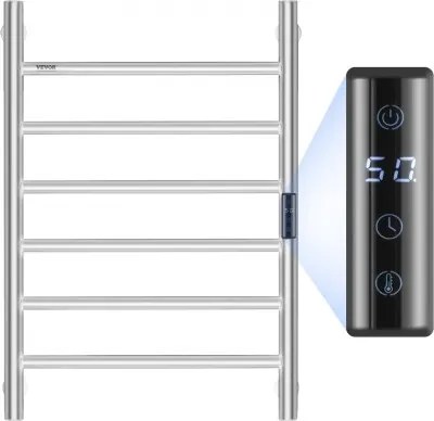 VEVOR Handdoekdroger Radiator Handdoekverwarmer, Verwarmde handdoekradiator met 6 stangen, Waterdichte handdoekverwarmer met timer en LED-display, 5 instelbare temperatuurniveaus, Wandmontage, Zilver