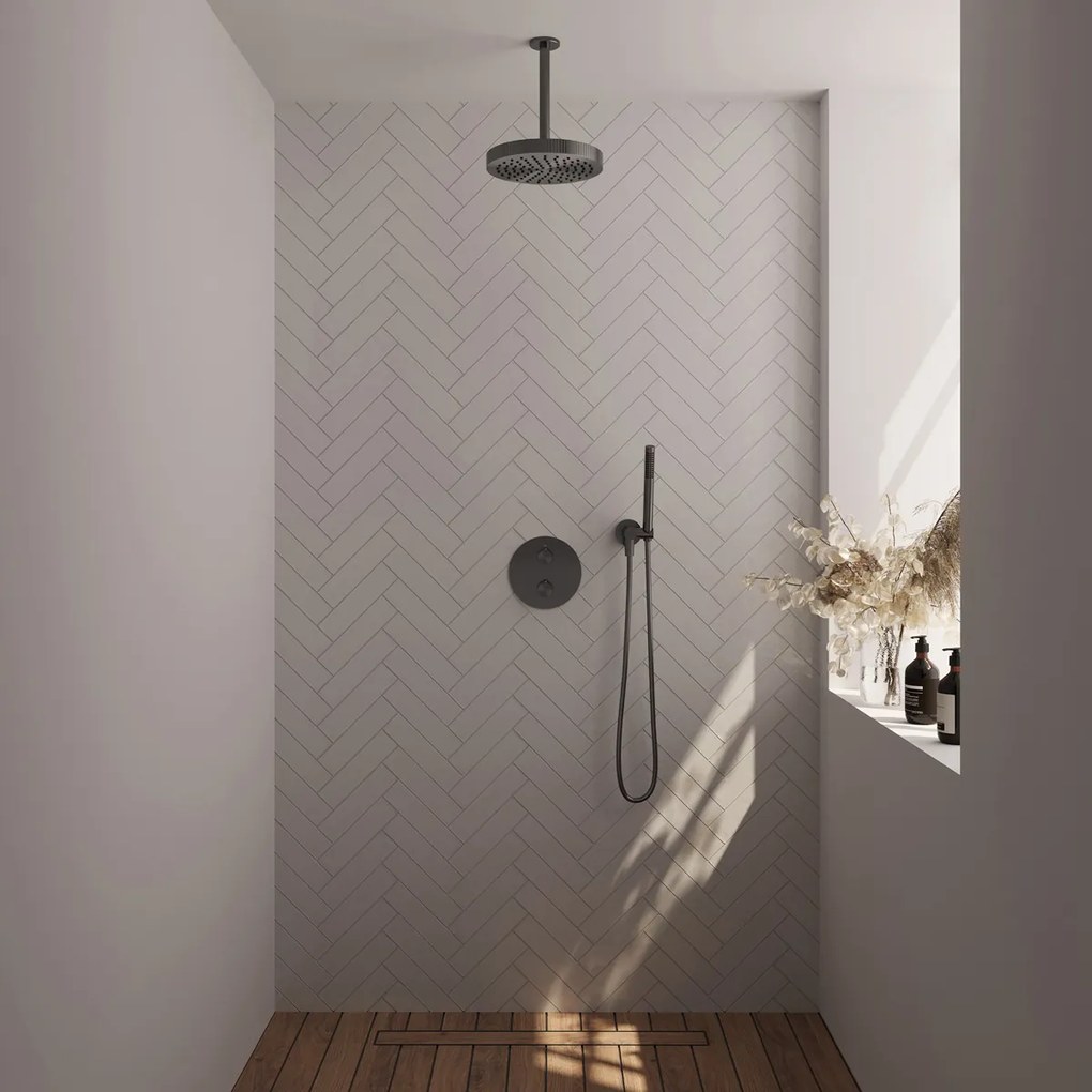 Brauer Stripe inbouw regendouche rond met 25cm hoofddouche, plafondarm en staafhanddouche set 39 gunmetal geborsteld PVD