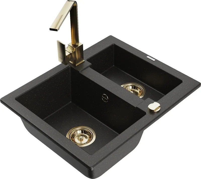 Mexen Carlos granieten spoelbak 1,5-komorige met keukenmengkraan Rita, zwart/goud metallic - 6518-75-670300-50