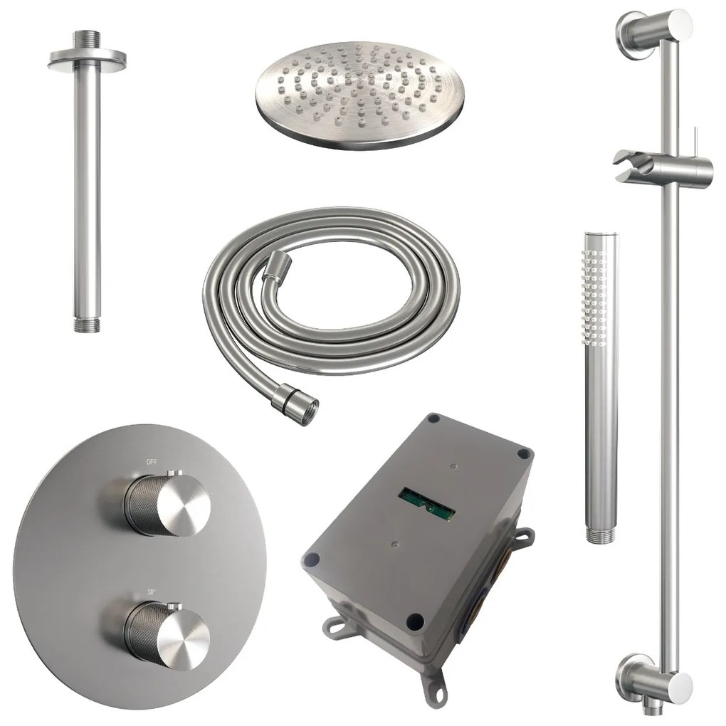 Brauer Brushed Carving thermostatische inbouw regendouche met staafhanddouche, plafondarm, glijstang en hoofddouche 20cm set 89 RVS geborsteld PVD