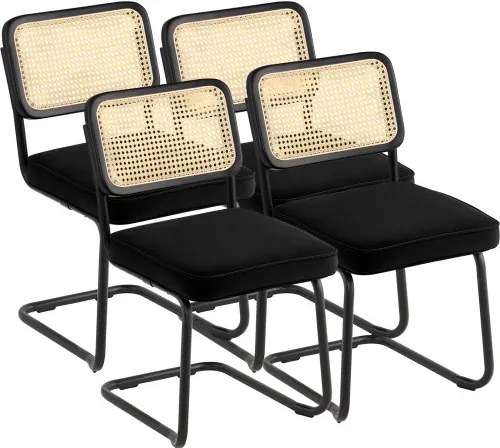 VEVOR rotan stoelen, set van 4, eetkamerstoelen in mid-century modern design, gestoffeerde fluwelen accentstoel met rotan rugleuning, retro eetkamerstoel voor in de keuken, woonkamer, slaapkamer, leeskamer, kantoor, zwart