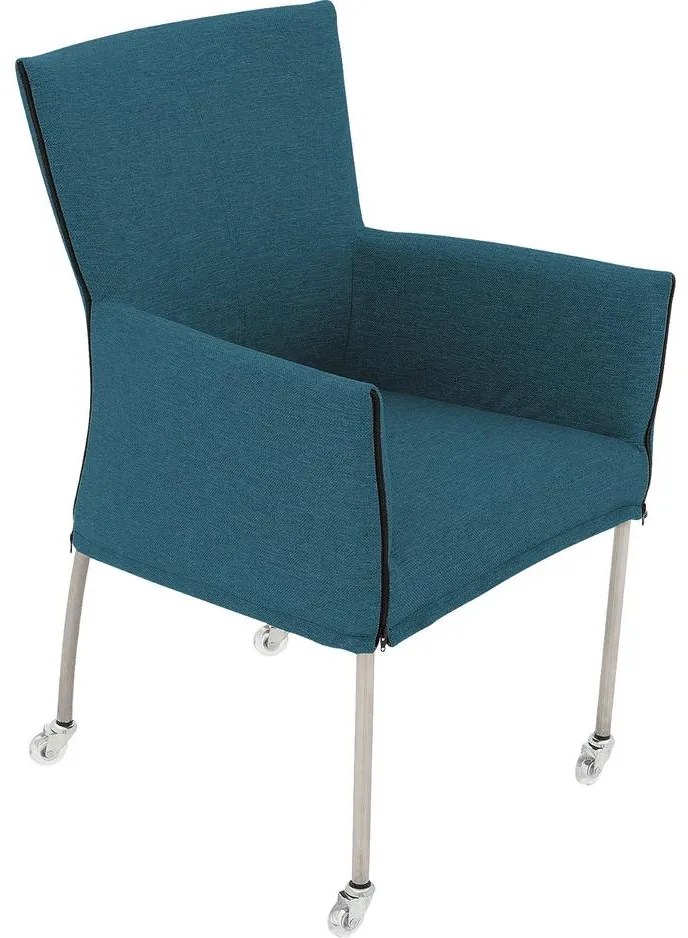 Goossens Eetkamerstoel Funk RVS Poten blauw stof met armleuning en met wielenTransparant skater wiel met rvs kap, modern design
