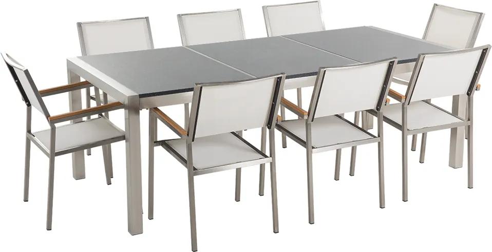 Tuinset gepolijst graniet/RVS grijs driedelig tafelblad 220 x 100 cm met 8 stoelen wit GROSSETO