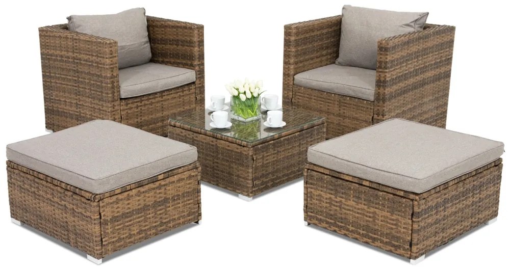 Roma Terrace technorattan tuinmeubelen + 2 Garden Point poefs bruin
