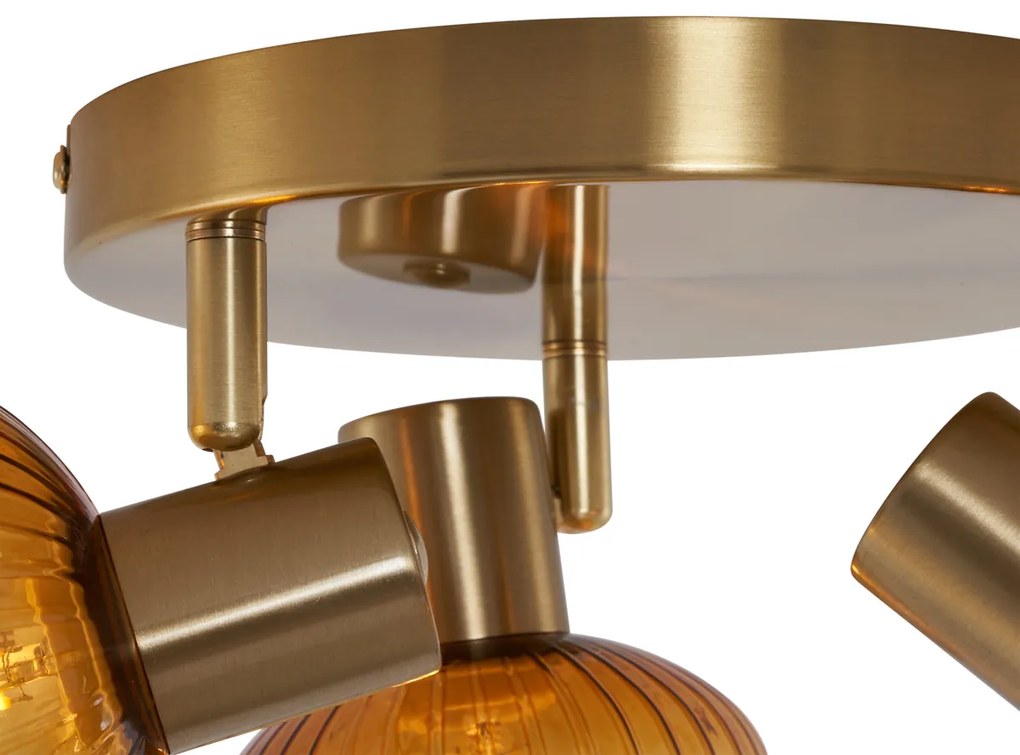 Moderne plafondSpot / Opbouwspot / Plafondspot goud met amber glas rond 3-lichts - Teddy Modern E14 Binnenverlichting Lamp