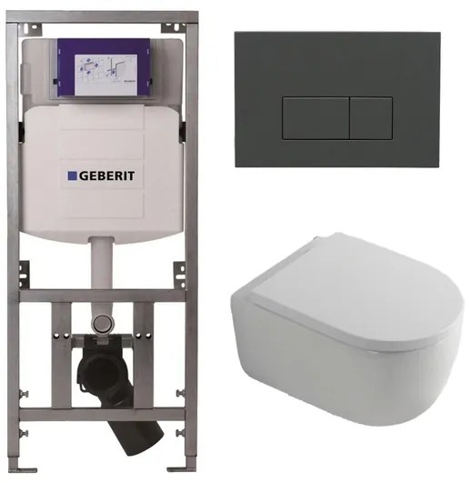 QeramiQ Dely Swirl Toiletset - 36.3x51.7cm - Geberit UP320 inbouwreservoir - met Burda frame - 35mm zitting - bedieningsplaat antraciet mat - rechthoekige knoppen - wit glans 0701131/SW1102377/SW1000767/SW1026256