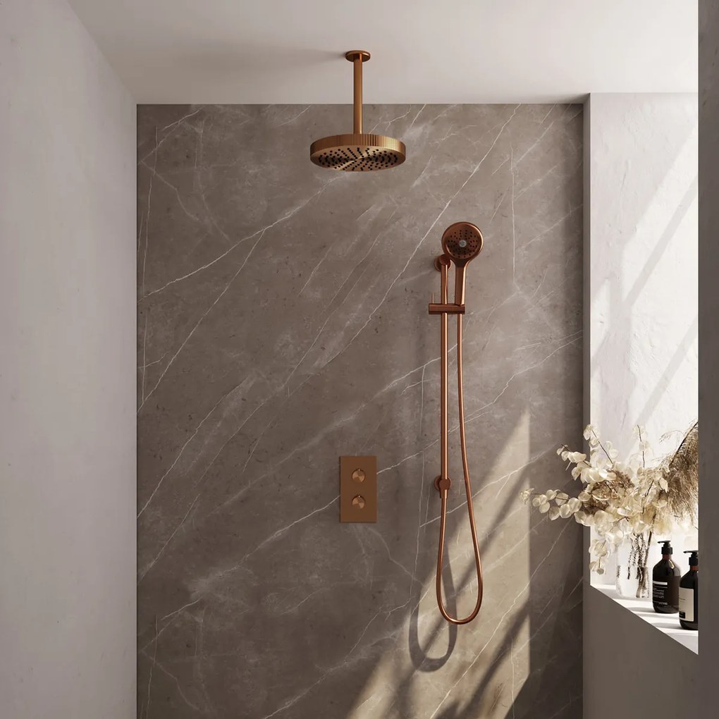 Brauer Stripe inbouw regendouche met 25cm hoofddouche, met plafondarm, glijstang en 3 standen handdouche set 24 koper geborsteld PVD