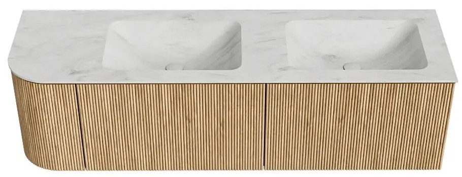 Mondiaz Kurve-dlux 155cm badmeubel ronding links oak met 2 lades en 1 deur en wastafel leaf dubbel/rechts 2 kraangaten opalo