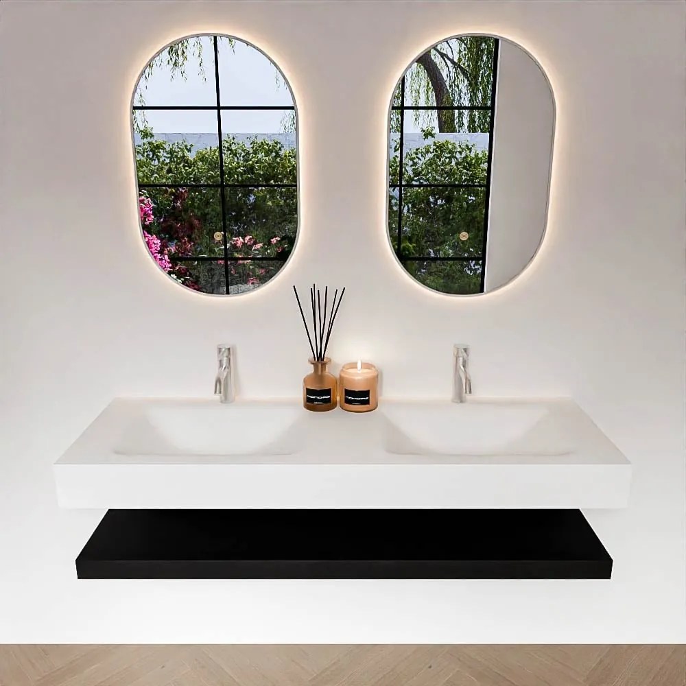 Zaro Alan badmeubel 140cm met planchet urban en vrijhangende wastafel cloud dubbel 2 kraangaten talc