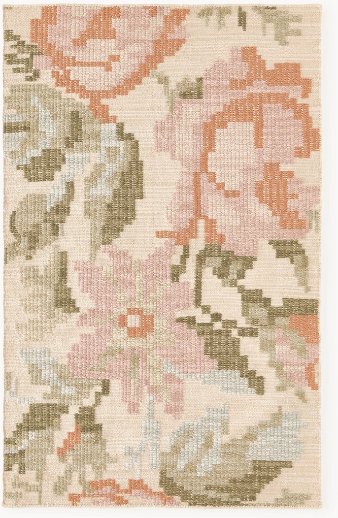 Wollen vloerkleed Rosha met geborduurd bloemenpatroon