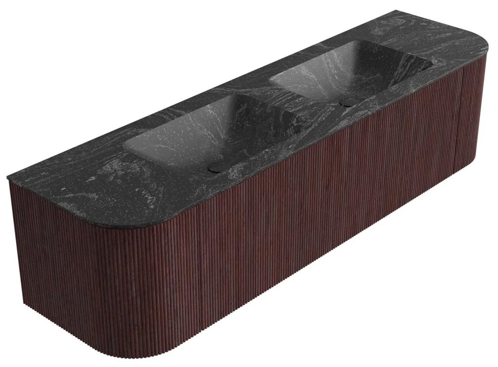 Mondiaz Kurve-dlux 170cm badmeubel ronding links/rechts ruby met 1 lade en 2 deuren en wastafel leaf dubbel zonder kraangat lava