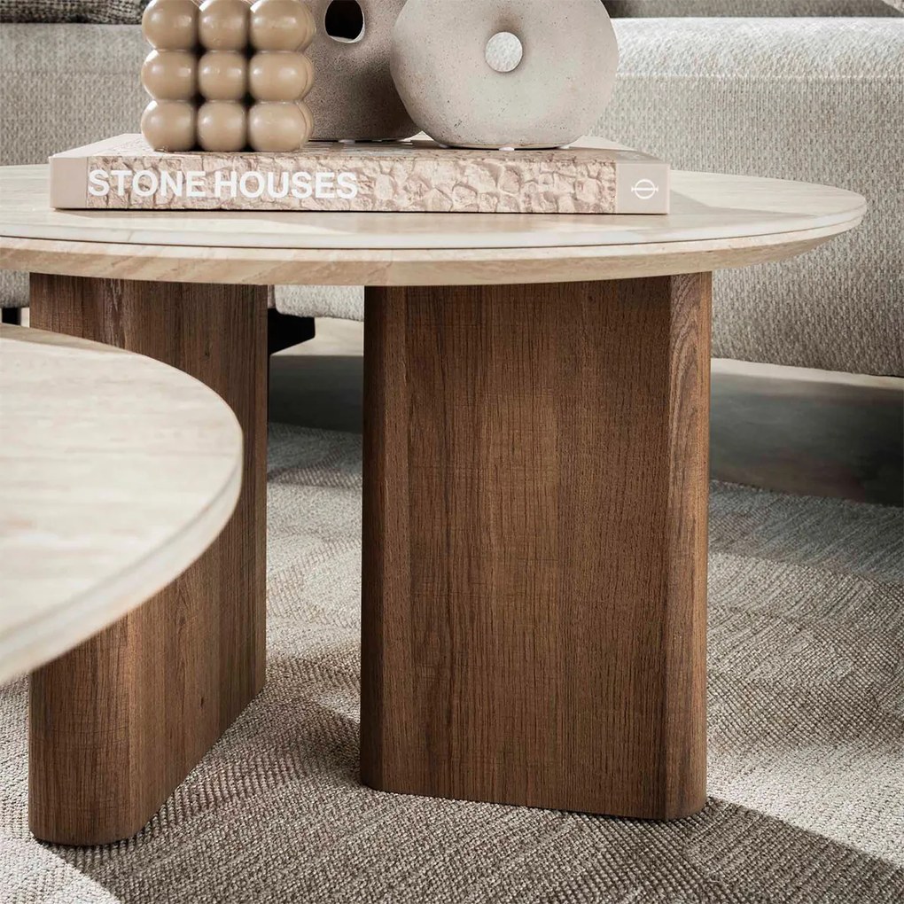 Salontafelset Rond Hout En Travertin