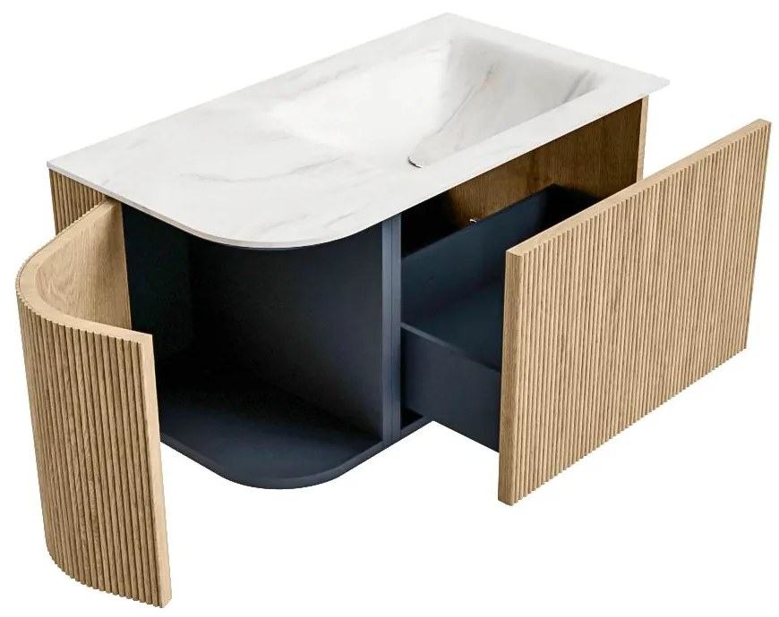 Mondiaz Kurve-dlux 85cm badmeubel ronding links oak met 1 lade en deur en wastafel cloud rechts zonder kraangat ostra